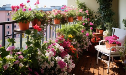 Fototapeta na wymiar A Colorful Oasis: A Balcony Overflowing With Vibrant Flowers and Lush Greenery