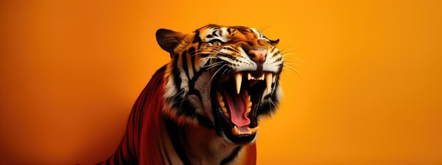 Roaring big tiger on bright orange background. Angry big cat, aggressive jaguar attacking. Backdrop...