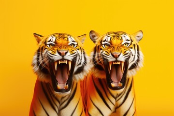 Two roaring tigers on bright yellow background. Angry big cat, aggressive jaguar attacking. Backdrop with animal for poster, print, card, banner