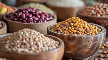 Fototapeta premium Legumes and Grains Variety in wooden bowls 