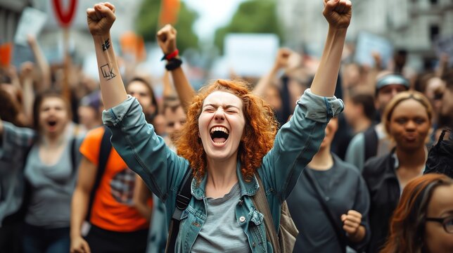 A girl with ginger hair celebrating  victory at a protest rally