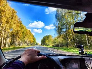 Foto op Aluminium view from a car windshield of natural landscape with road, green trees and blue sky in summer or spring time. Hand of woman on the steering wheel. Female traveler driving alone on trip or journey © keleny