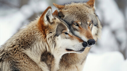 Two beautiful wolves in cold snowy winter forest.