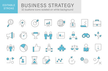 Business strategy icon set in dual tone line style. business solutions icons for web and mobile app. solution, team, marketing, startup, advertising, business process, management.