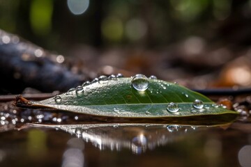 A water droplet gliding on a leaf, leaving a glistening path. Generative AI