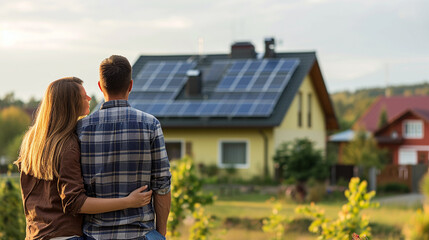 Back view of happy family is standing near their new modern house