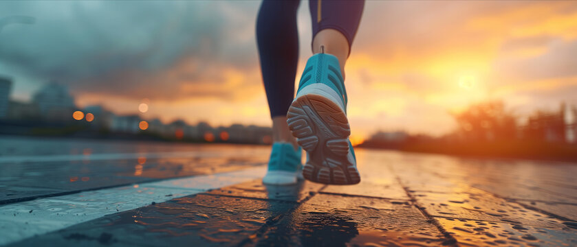 Runner in turquoise sneakers on wet city pavement at sunset, capturing the essence of urban fitness and an active healthy lifestyle