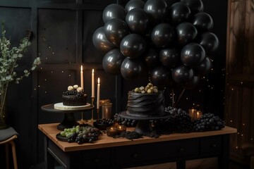 Adorable celebration setup featuring dark balloons and a festive cake. Generative AI