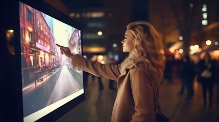 Girl pointing finger to blank monitor display, hipster touch multimedia technology on light night city. copy space for text.
