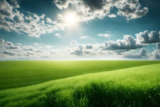 image of vast, lush green field under bright, clear sky. The grass is vibrant and well lit by the sunlight. In the background with minimal clouds offering an open and airy atmosphere-