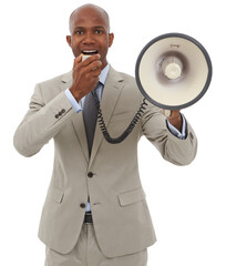 Megaphone, portrait or African businessman shouting or talking in studio on white background....