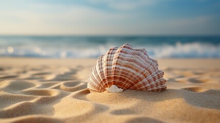 An intricately patterned seashell resting on a bed of golden sand, surrounded by gentle waves leaving intricate imprints -Generative Ai