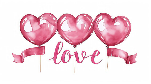 pink heart shaped balloons, text love with ribbons on white background