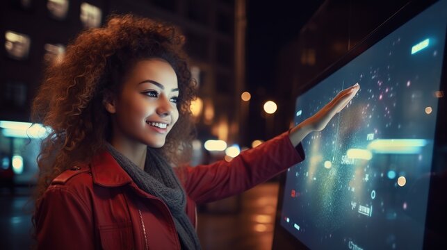 Girl pointing finger to blank monitor display, hipster touch multimedia technology on light night city. copy space for text.