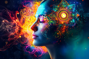 Colorful woman head with luminous mandalas around. Meditation and transcendent concept. - obrazy, fototapety, plakaty