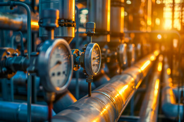 Industrial generic background, with steel pipes, valves and gauges - obrazy, fototapety, plakaty