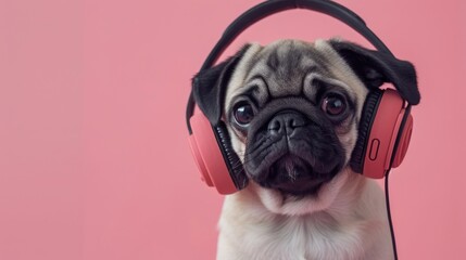 Photo portrait of a funny pug puppy with headphones on a pink background