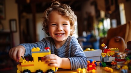Happy European kid having fun playing with toy bricks constructor at home. Creative wallpaper, activity for children concept. copy space for text. - obrazy, fototapety, plakaty