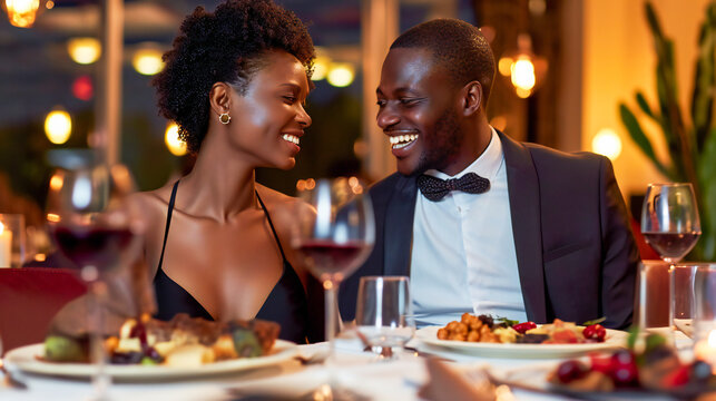 An African-American couple in love, dinning at a classy restaurant
