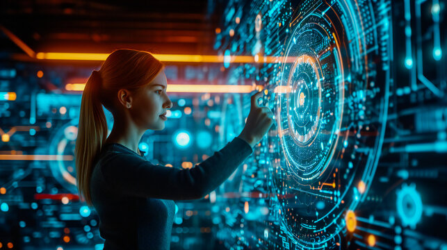 Young woman operating a holographic computer interface