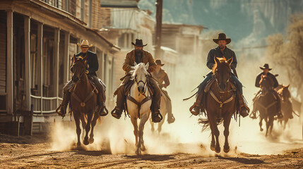 Cowboys riding in an old wild west town