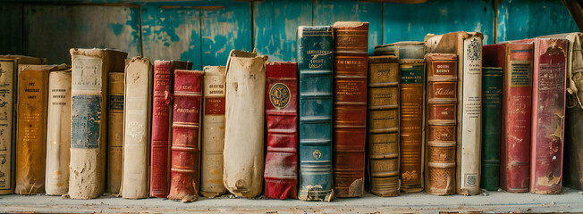 Old or damaged books shelf in an old library
