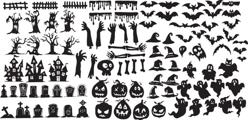 Set of Halloween silhouettes black icon and character. Vector illustration. Isolated on white background. - obrazy, fototapety, plakaty