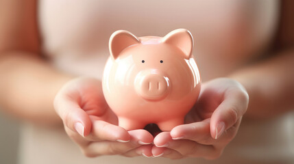 Delicate Hands Cradling a Pink Piggy Bank, Symbolizing Financial Responsibility and Savings