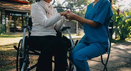 Obraz premium A nurse take care a senior male on wheelchair in his garden at home