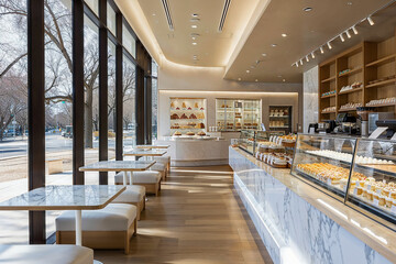 Contemporary bakery cafe with spacious interior, marble counters, and large windows inviting natural light, perfect for coffee and pastry lovers.