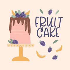 Fruit cake in cute style with blackberry and mango in chocolate glaze. Greeting card with Bday cake and lettering. Hand drawn vector illustration for bakery, confectionery, print, card, banner