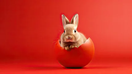 Foto auf Acrylglas Antireflex White Easter bunny in side cracked red easter egg, Red Minimalist minimalism background © Mohammad
