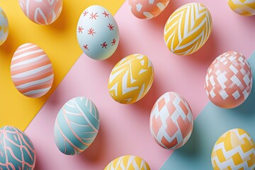 Fototapeta na wymiar Easter eggs with kawaii soft pastel color pattern, minimalist modern solid color background, Christian holiday minimalist minimalism copyspace banner