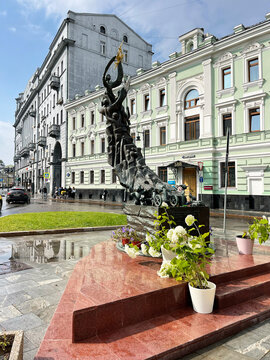 Moscow, Russia, July, 26, 2023. Monument to the victims of the terrorist attack in Beslan. Moscow, Solyanka street in the summer after the rain