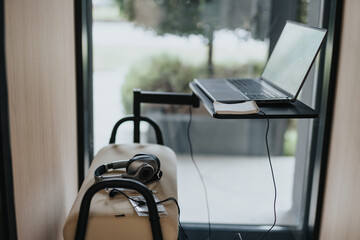 Mobile workstation: phone booth with chair, laptop on a compact desk.