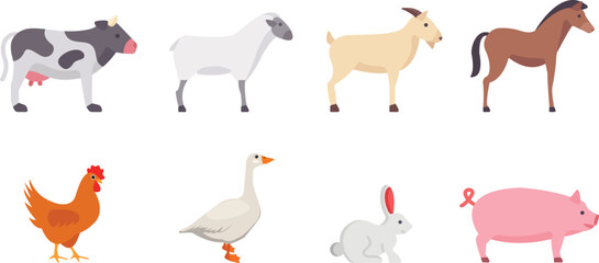 Domestic animals, cow, goats, chicken vector set colored