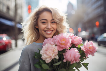 Blond happy woman with pink flower bouquet