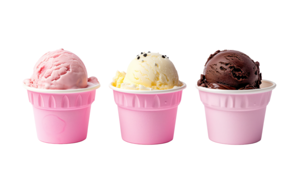 3 different ice creams next to eachother in pink tubs