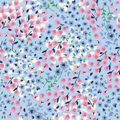 Pretty ditsy floral seamless pattern in blues and pinks. Vector repeat pattern. Abstract hand drawn small flowers and leaves. Girly cute print for files, teens, fashion and nightwear 