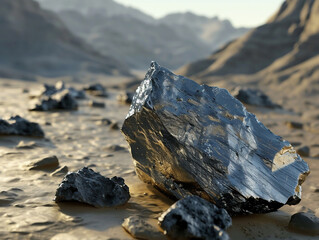 Pure raw silicon ore, stone valley in the background. Exhaustible natural resources
