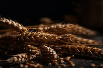 Ears of wheat, wheat grains close-up. Flour making concept. Generative AI.