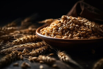 Ears of wheat, wheat grains close-up. Flour making concept. Generative AI.