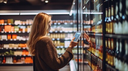 A woman shopping  and comparing in a grocery store generative ai