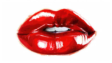 seductive lips painted with red lipstick,watercolor drawing on a white background