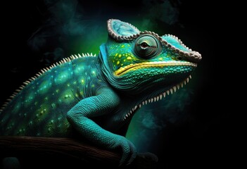 Beautiful green chameleon on dark blurred turquoise blue background with tropical plants and leaves. Veiled colorful chameleon on branch. Reptile lizard in zoo terrarium. Exotic domestic pet concept