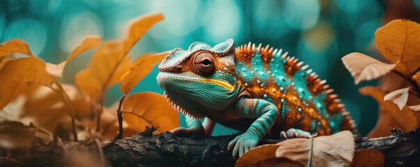Beautiful green chameleon on turquoise blue background with tropical plants and leaves. Veiled colorful chameleon on branch. Reptile lizard in zoo terrarium. Exotic domestic pet concept - obrazy, fototapety, plakaty
