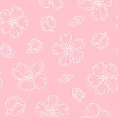 Hand drawn seamless pattern cherry blossom sketch white line. Spring bud vintage japanese wrap paper texture print fabric design wallpaper backdrop gift print sticker tropical mandala garden romantic