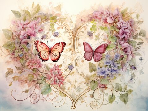 Heart made of watercolor colored flowers and two butterflies. Valentine's Day card. illustration isolated on white background. For packaging, packaging design, wedding or printing.