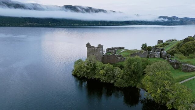 Urquhart Castle ruins at Loch Ness Scotland Aerial view