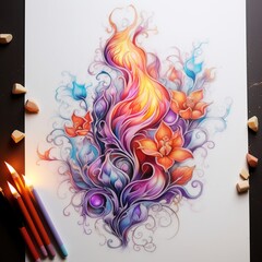 Pencil sketch wonderful colorful flames flower Generative AI